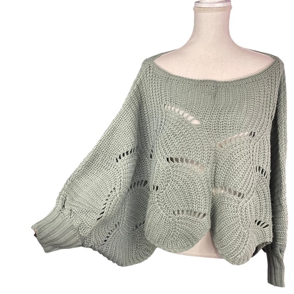 Scalloped Pointelle Batwing Sweater L Dolman Sage Green Open Knit Oversized Top - Picture 1 of 10
